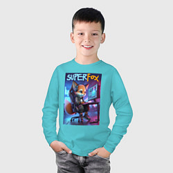 Лонгслив хлопковый детский Super fox gamer - ai art fantasy, цвет: бирюзовый — фото 2