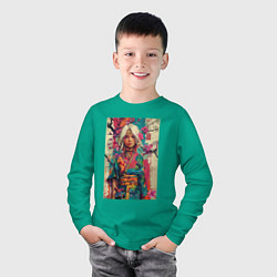 Лонгслив хлопковый детский Белокурая индейская девушка в японском кимоно - жи, цвет: зеленый — фото 2