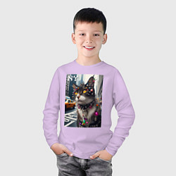 Лонгслив хлопковый детский Пирсинг Нью-Йоркского кота - нейросеть, цвет: лаванда — фото 2