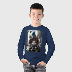 Лонгслив хлопковый детский Кот панк с разноцветным хаером - Нью-Йорк, цвет: тёмно-синий — фото 2