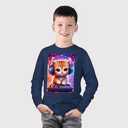 Лонгслив хлопковый детский Cutie kitten DJ - neon glow, цвет: тёмно-синий — фото 2
