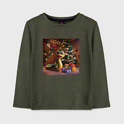 Лонгслив хлопковый детский Веселая Новогодня змейка с подарками, цвет: меланж-хаки