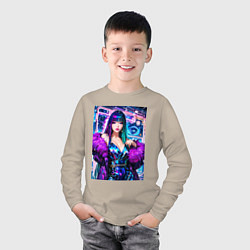 Лонгслив хлопковый детский Девушка поп идол в мехах, цвет: миндальный — фото 2