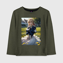 Лонгслив хлопковый детский Вайолет Эвергарден на лугу, цвет: меланж-хаки