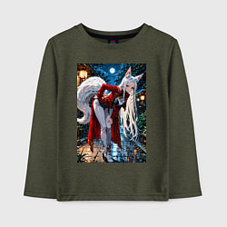 Лонгслив хлопковый детский Белоснежная лиса лунной ночью, цвет: меланж-хаки