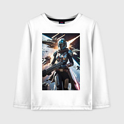 Лонгслив хлопковый детский Девушка-мандалорец летит в космосе, цвет: белый