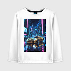 Лонгслив хлопковый детский Суперкар едет среди небоскребов, цвет: белый