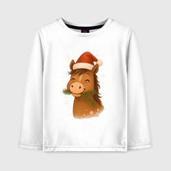 Лонгслив хлопковый детский Лошадка жует елочные ветки, цвет: белый
