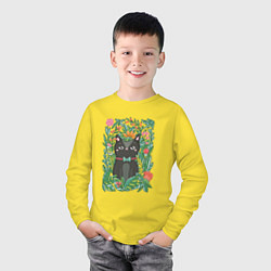 Лонгслив хлопковый детский Киса в цветах, цвет: желтый — фото 2