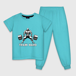 Пижама хлопковая детская Train hard тренируйся усердно цвета бирюзовый — фото 1