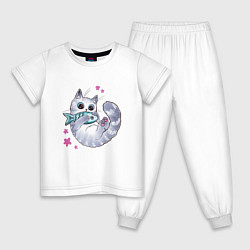 Пижама хлопковая детская Котик с рыбкой, цвет: белый