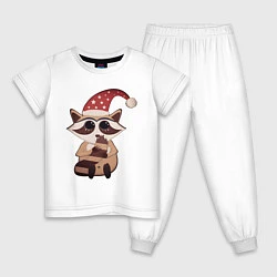 Пижама хлопковая детская Милый енот в праздничной шапке, цвет: белый