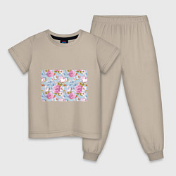 Пижама хлопковая детская Цветы, цвет: миндальный