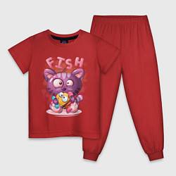 Пижама хлопковая детская Котёнок милашка с рыбкой, цвет: красный