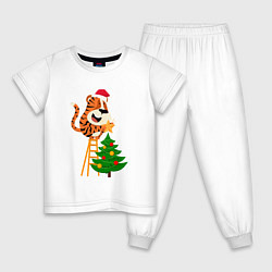 Пижама хлопковая детская Тигр украшает елку 2022, цвет: белый