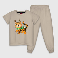 Пижама хлопковая детская Тигренок - новогодний олень, цвет: миндальный