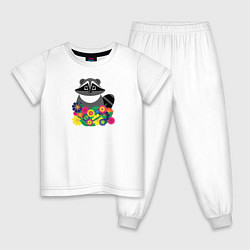 Пижама хлопковая детская Цветочный енот, цвет: белый