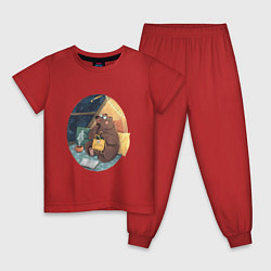 Пижама хлопковая детская Мечтающий медведь, цвет: красный