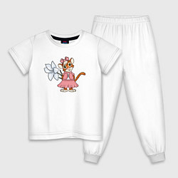Пижама хлопковая детская Тигрица с цветком, цвет: белый