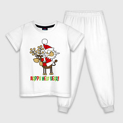 Пижама хлопковая детская Happy New Year: Санта на олене, цвет: белый