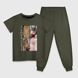 Пижама хлопковая детская I LOVE CATS Я ЛЮБЛЮ КОШЕК, цвет: меланж-хаки