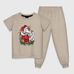 Пижама хлопковая детская Unicorn Santa, цвет: миндальный