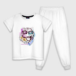 Пижама хлопковая детская Голова тигра эмоциональная с цветами и в рубашке в, цвет: белый