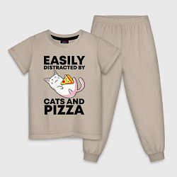 Пижама хлопковая детская Легко отвлекаюсь на котов и пиццу, цвет: миндальный