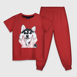 Пижама хлопковая детская Тискание хаски, цвет: красный