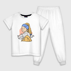 Пижама хлопковая детская Кошка с жемчужной серёжкой, цвет: белый