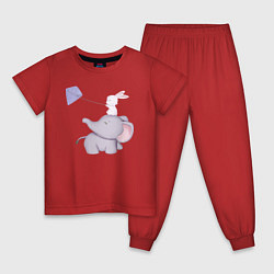 Пижама хлопковая детская Милый Слонёнок и Кролик Играют С Воздушным Змеем, цвет: красный