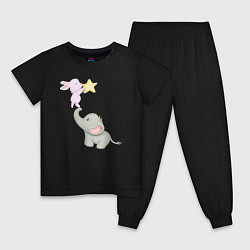 Пижама хлопковая детская Милый Слонёнок и Кролик Играют Со Звездой, цвет: черный