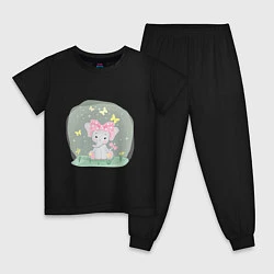 Пижама хлопковая детская Милый мультяшный слоник с розовым бантом, цвет: черный