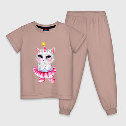Пижама хлопковая детская Белая кошечка - балерина, цвет: пыльно-розовый