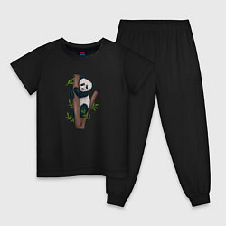 Пижама хлопковая детская Панда висит на дереве, цвет: черный