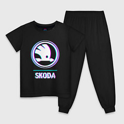 Пижама хлопковая детская Значок Skoda в стиле glitch, цвет: черный