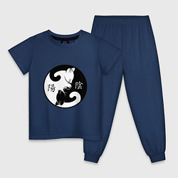 Пижама хлопковая детская Инь-Янь коты с иероглифами, цвет: тёмно-синий