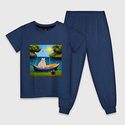 Пижама хлопковая детская Кот рыбак, цвет: тёмно-синий