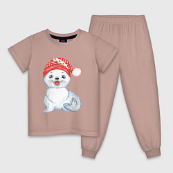 Пижама хлопковая детская Новогодний тюлень, цвет: пыльно-розовый
