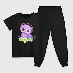 Пижама хлопковая детская Милый совёнок в наушниках, цвет: черный