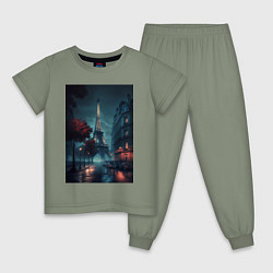 Пижама хлопковая детская Нейросеть - Ночной Париж, цвет: авокадо