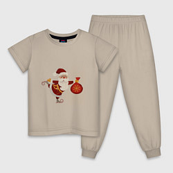 Пижама хлопковая детская Дед Мороз на коньках с мешком подарков, цвет: миндальный
