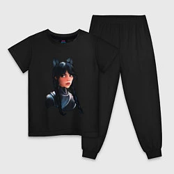 Пижама хлопковая детская Чёрная кошка Уэнсдэй, цвет: черный