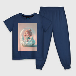 Пижама хлопковая детская Милая девочка-куколка с стеклянном Новогоднем шаре, цвет: тёмно-синий