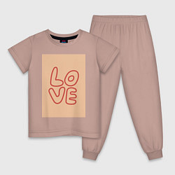 Пижама хлопковая детская Рукописный текст слово Love красным цветом на беже, цвет: пыльно-розовый