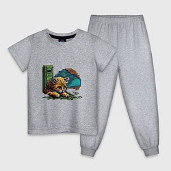Пижама хлопковая детская Пиксельный котик интернет сёрфер, цвет: меланж