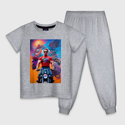 Пижама хлопковая детская Арнольд Шварценеггер на мотоцикле - нейросеть, цвет: меланж