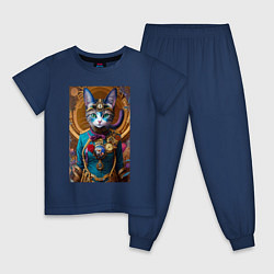 Пижама хлопковая детская Кошечка в стиле стимпанк - нейросеть - искусство, цвет: тёмно-синий