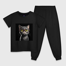 Пижама хлопковая детская Желтоглазый котик в очках, цвет: черный