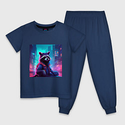 Пижама хлопковая детская Антропоморфный енот на фоне неонового киберпанк-го, цвет: тёмно-синий